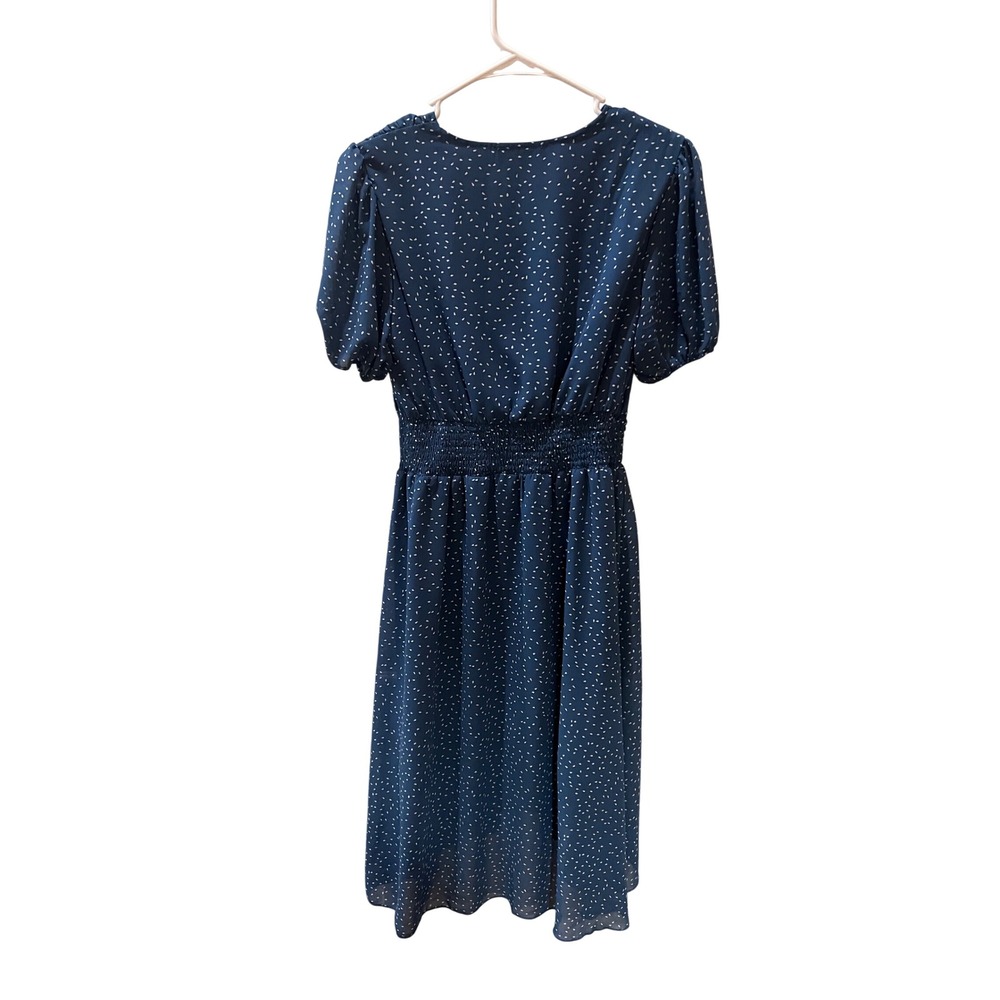 Fashion Blue White Dash Print Smocked Waist V-Neck Chiffon Midi Dress Small - Picture 3 of 5